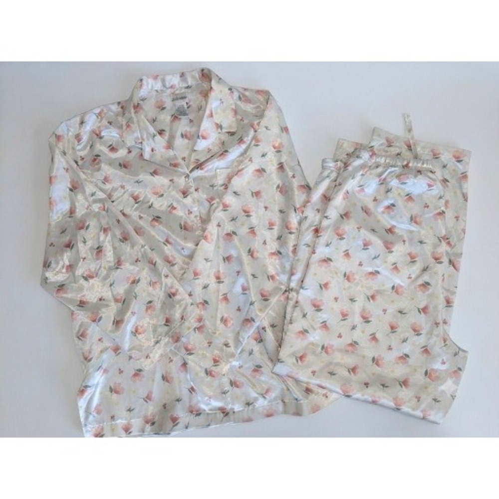 Vintage Delicates Satin Pajama Set Womens Large Floral Pink White Sleepwear 2pc